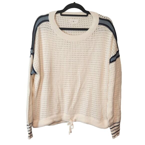 Lou & Grey Sweaters - Lou & Grey Cream Blue Striped Pointelle Drawstring Knit Sweater Women's XL